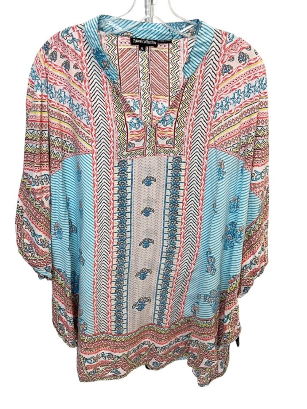 Tolani Blue Multi Print Kimono Sleeve Poncho Top Boho Indie Artsy Modal‎ Size XL